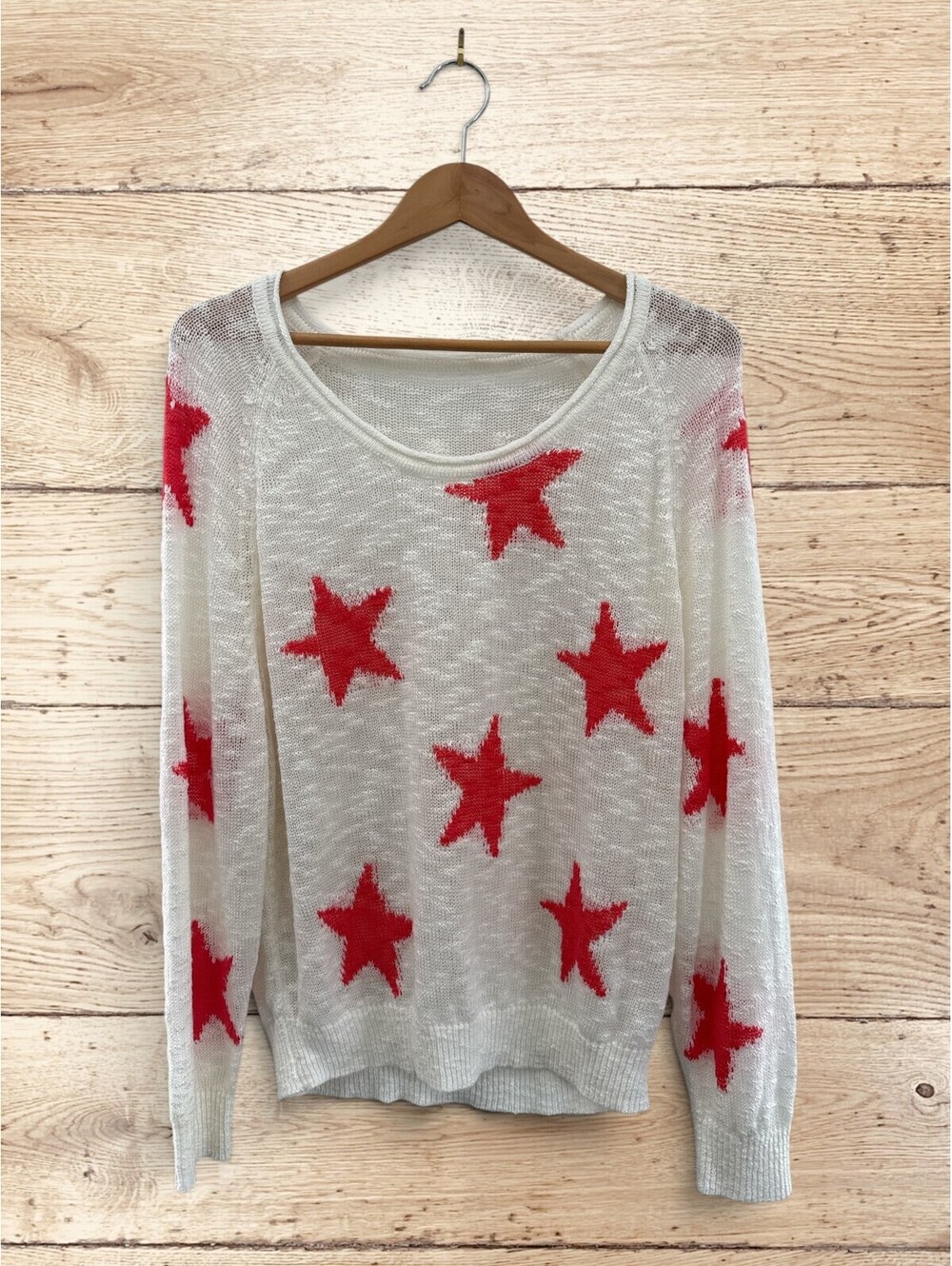 Red Star White Sheer Open Knit Sweater Lightweight Y2K Americana XL